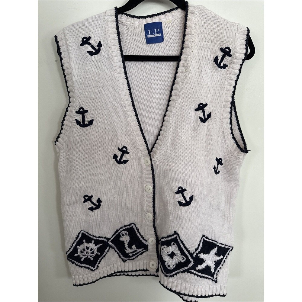 Vintage Women's Nautical Navy White vest Size L Embroidered Cotton Chunky
